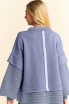 Davi & Dani Dusty Blue Faux Layered Round Neck Sweater Shirts & Tops