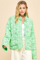 Davi & Dani Neon Green Bandanna Vintage Print Quilted Open Front Jacket with Pockets Coats & Jackets