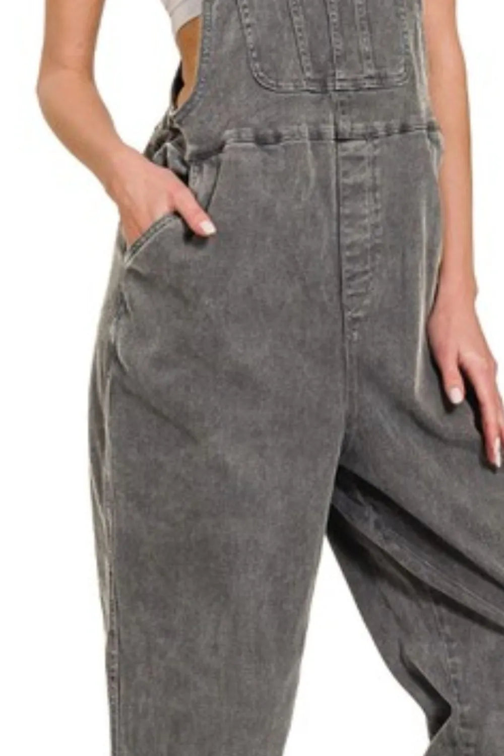 Zenana Ash Black Washed Knot Strap Relaxed Fit Overalls