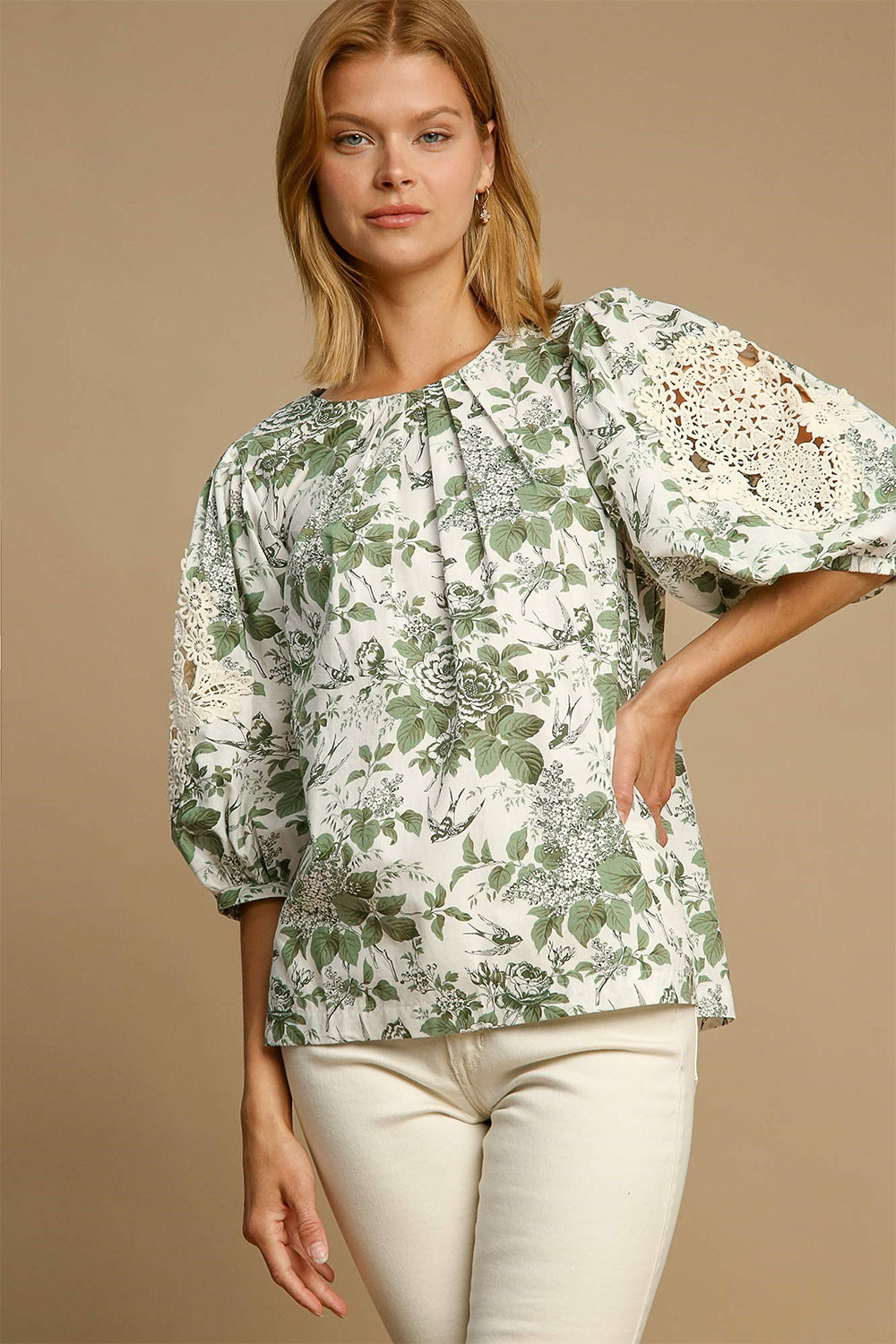 Umgee Sage Floral Pleated Detail Lace Trim Sleeve Blouse Sage Shirts & Tops