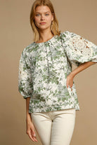 Umgee Sage Floral Pleated Detail Lace Trim Sleeve Blouse Sage Shirts & Tops