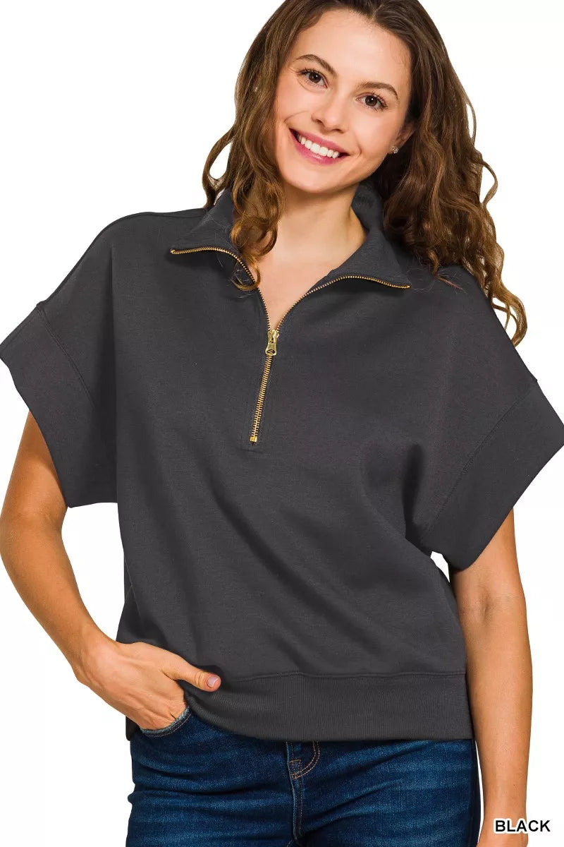 Zenana Black Scuba High Neck Half Zip Short Sleeve Top