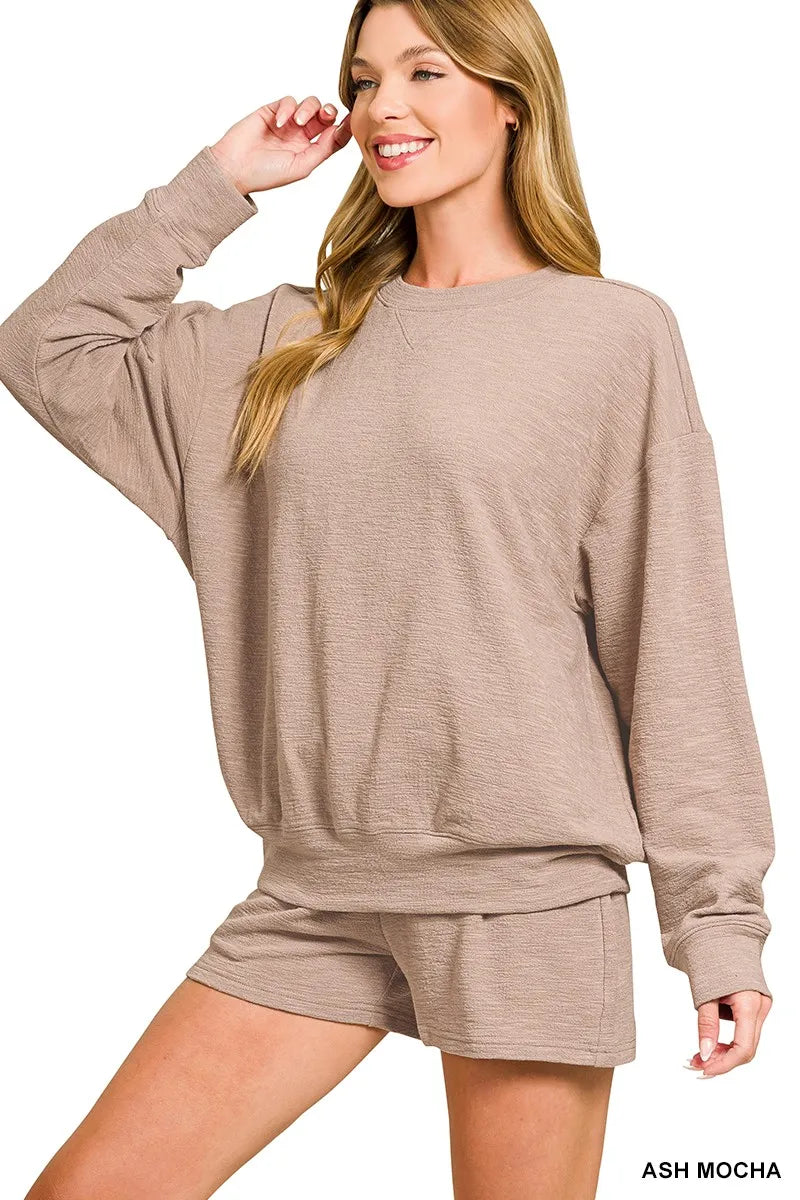 Zenana Ash Mocha Slub Long Sleeve Top and Shorts Set ASH MOCHA