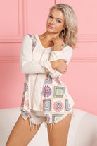 BiBi Cream Granny Square Print Contrast Annie Rib V Neck Top