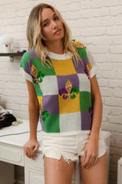 BiBi Sequin Embroidery Mardi Gras Checker Sweater Top IVORY MULTI