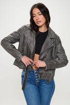 Coalition LA Black Zip Up Biker Vegan Leather Jacket with Belt Trendsi