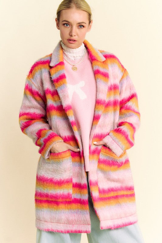 Davi & Dani Fuzzy Pink & Orange Contrast Striped Open Front Coat Pink Orange Coats & Jackets