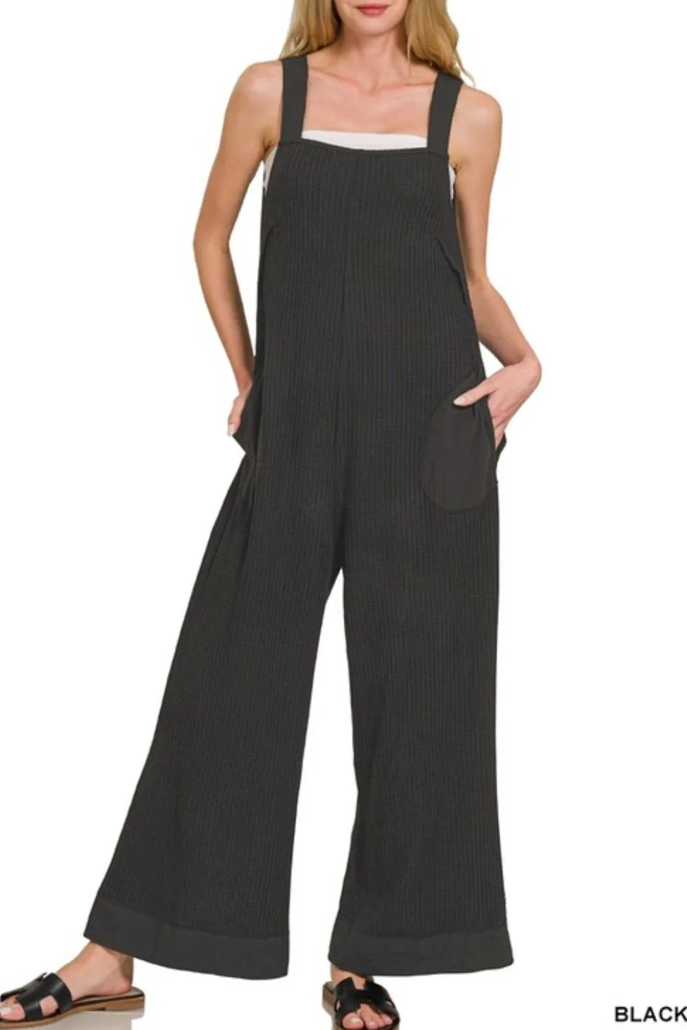 Zenana Black Knit Waffle Wide Leg Overalls