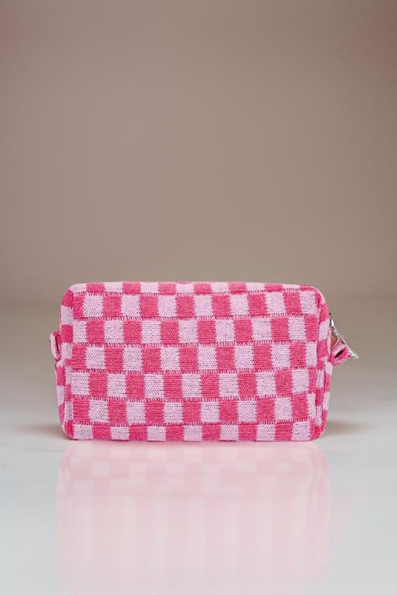 Zenana - 6 Colors- Checkered Pattern Knitted Cosmetic Pouch Pink One Size