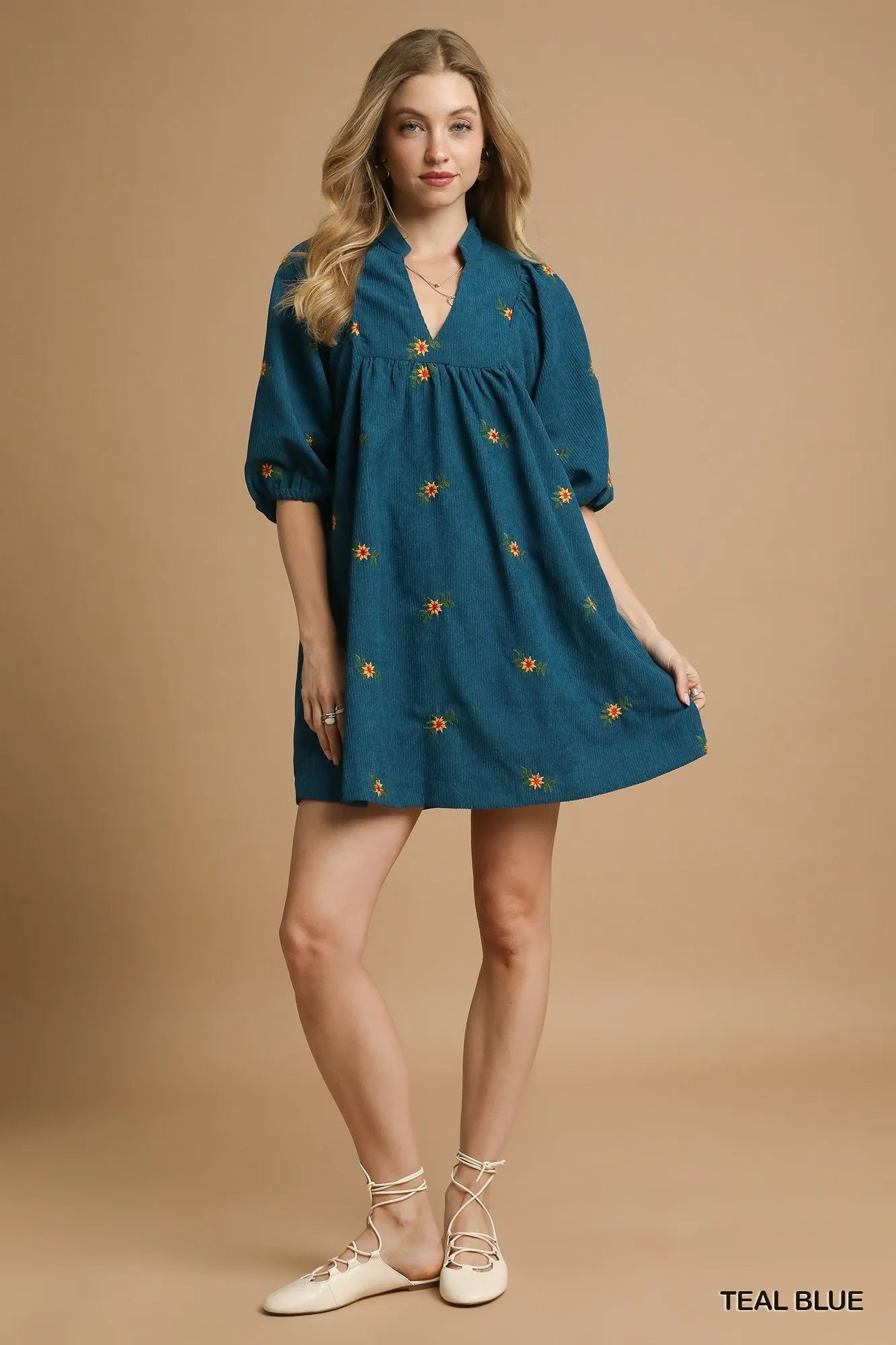 Umgee Teal Blue Corduroy Babydoll Dress with Floral Embroidery