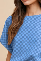 Annie Wear Blue Checkered Round Neck Short Sleeve T-Shirt