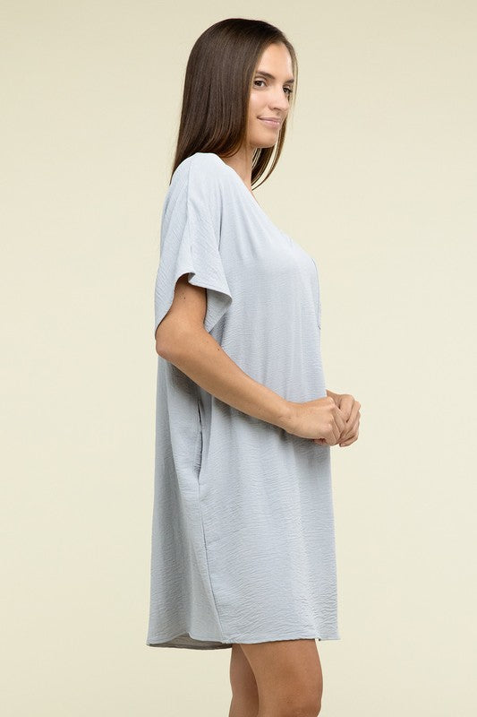 Zenana Woven Airflow V Neck T-Shirt Dress with Pockets ZENANA