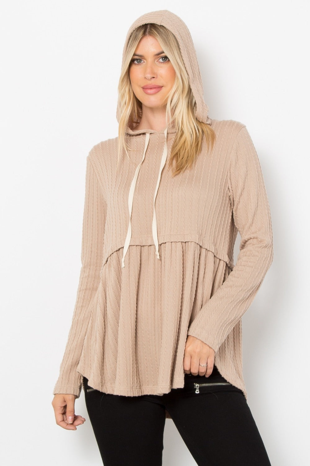 Be Stage Long Sleeve Peplum Cable Knit Hoodie Taupe