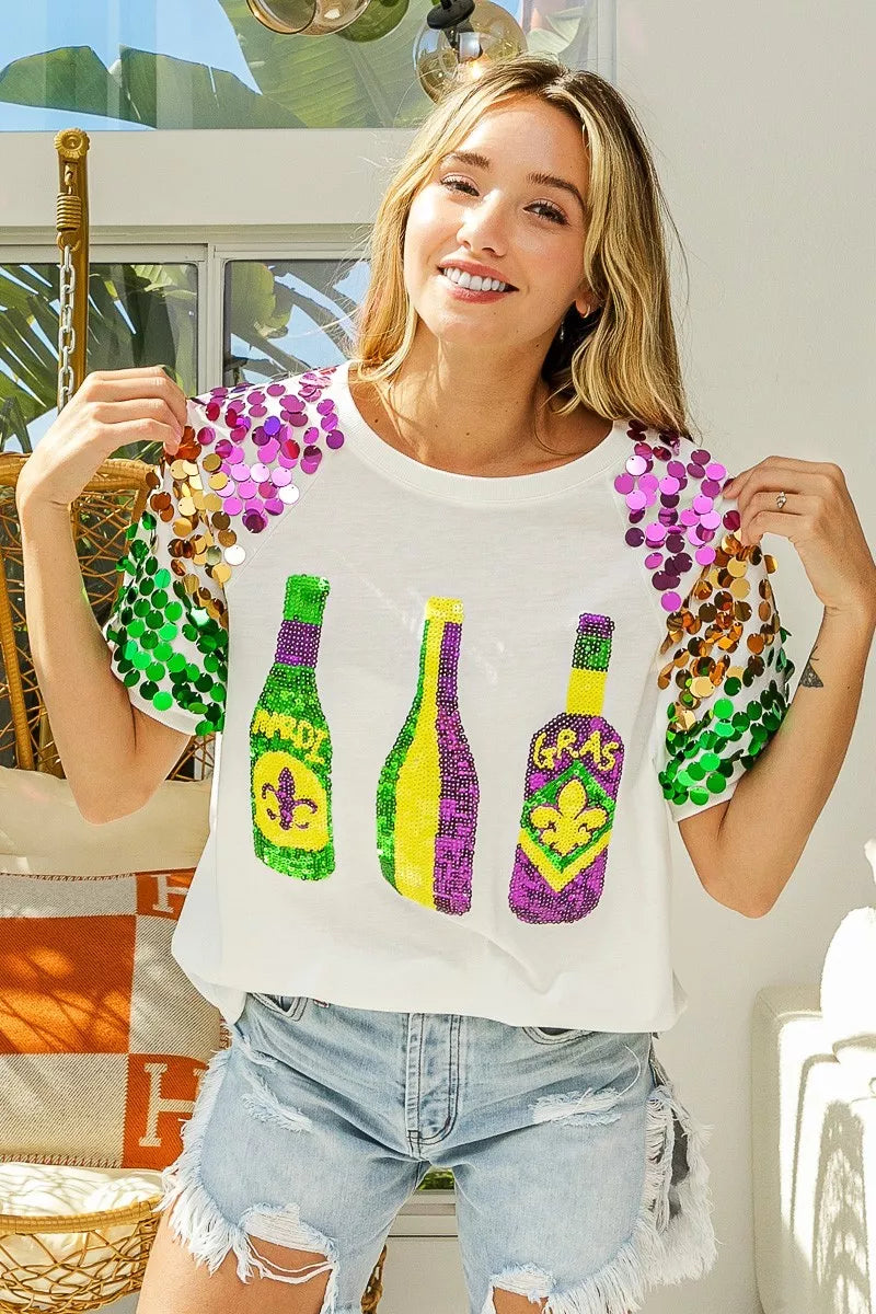 BiBi Sequin Mardi Gras Bottles Spangled Sleeve Top