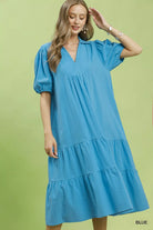Umgee Blue Solid Tiered Midi Dress Blue