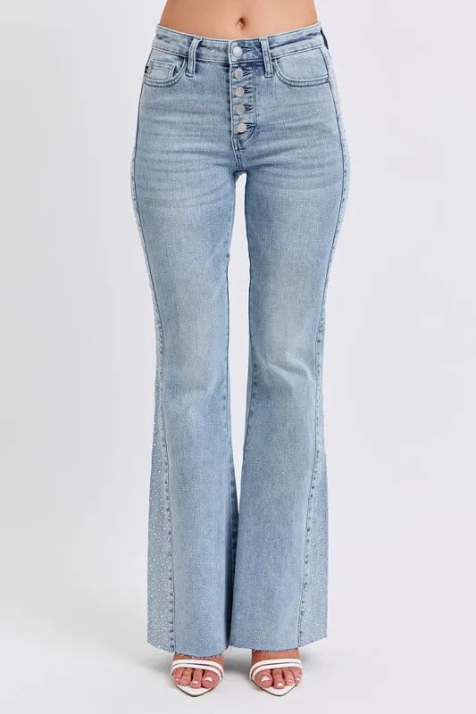 Judy Blue Full Size Mid Rise Rhinestone Side Panel Detail Flare Jeans Plus Size LT