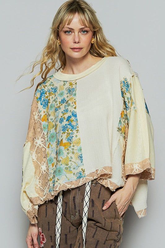 POL Floral Lace Patch Round Neck Double Gauze Top in Natural NATURAL