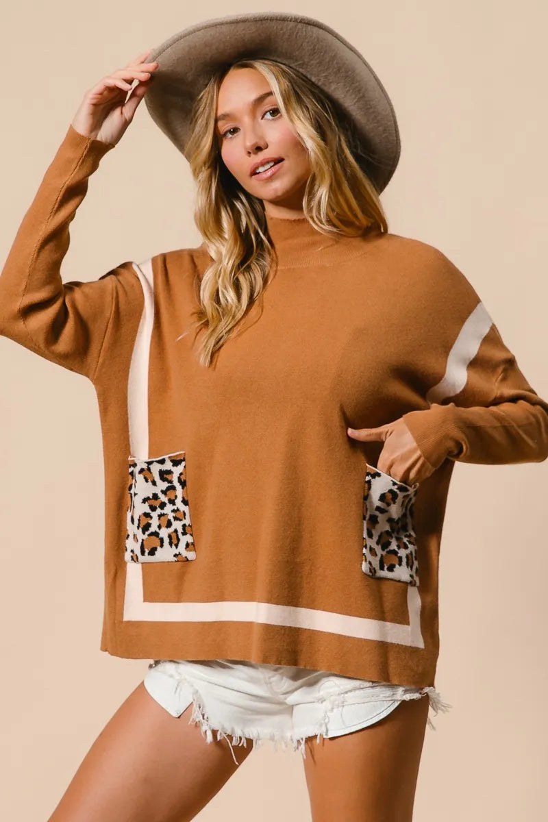 BiBi Camel Mock Neck Sweater with Leopard Pocket