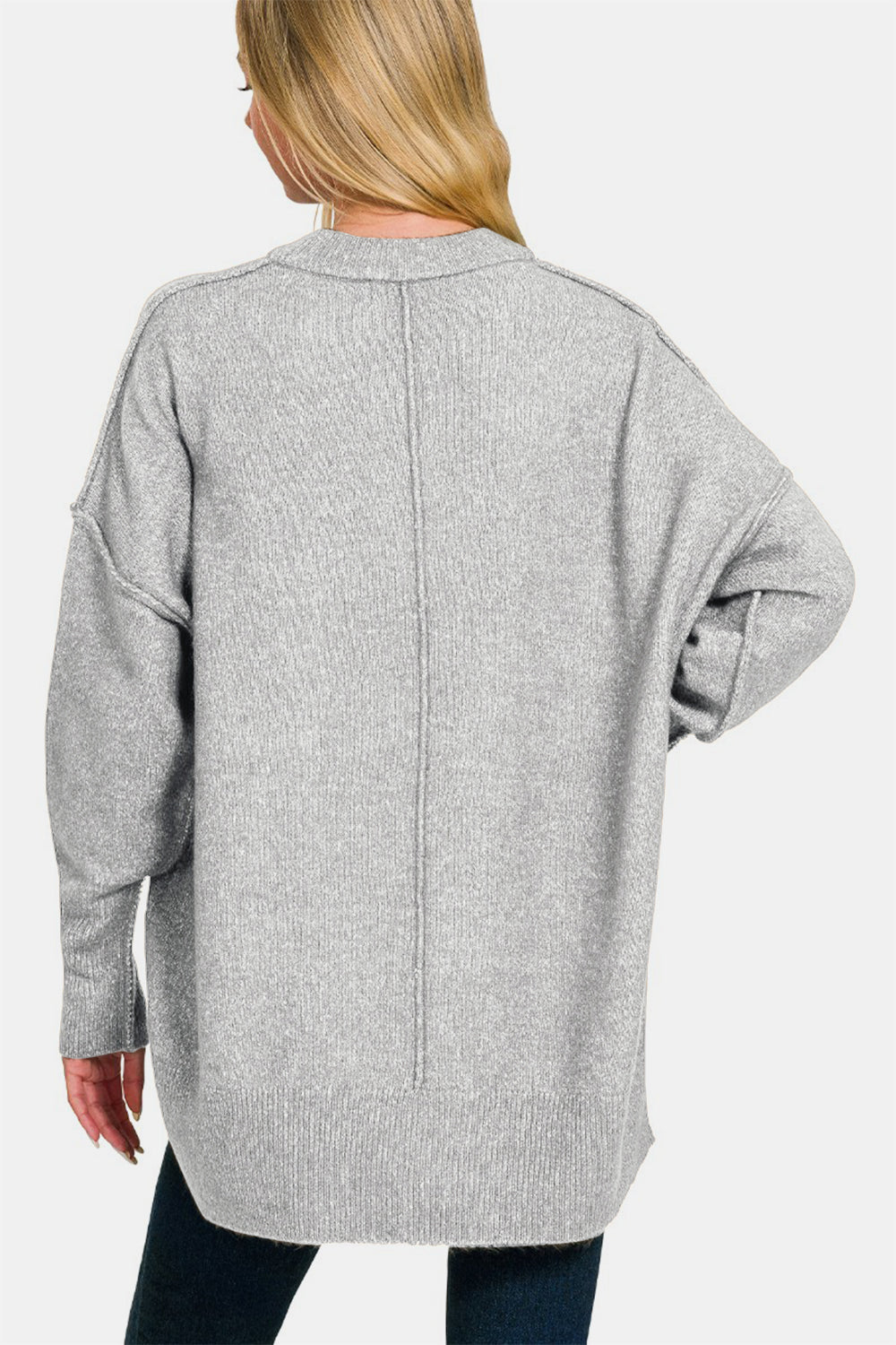 Zenana Grey High-Low Hem Drop Shoulder Sweater Trendsi