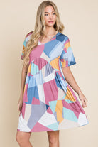 BOMBOM Ruched Color Block Short Sleeve Dress Multicolor Trendsi