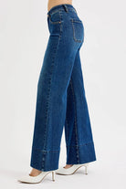 RISEN Dark Washed Tummy Control Mid Rise Seam Detail Wide Flare Jeans