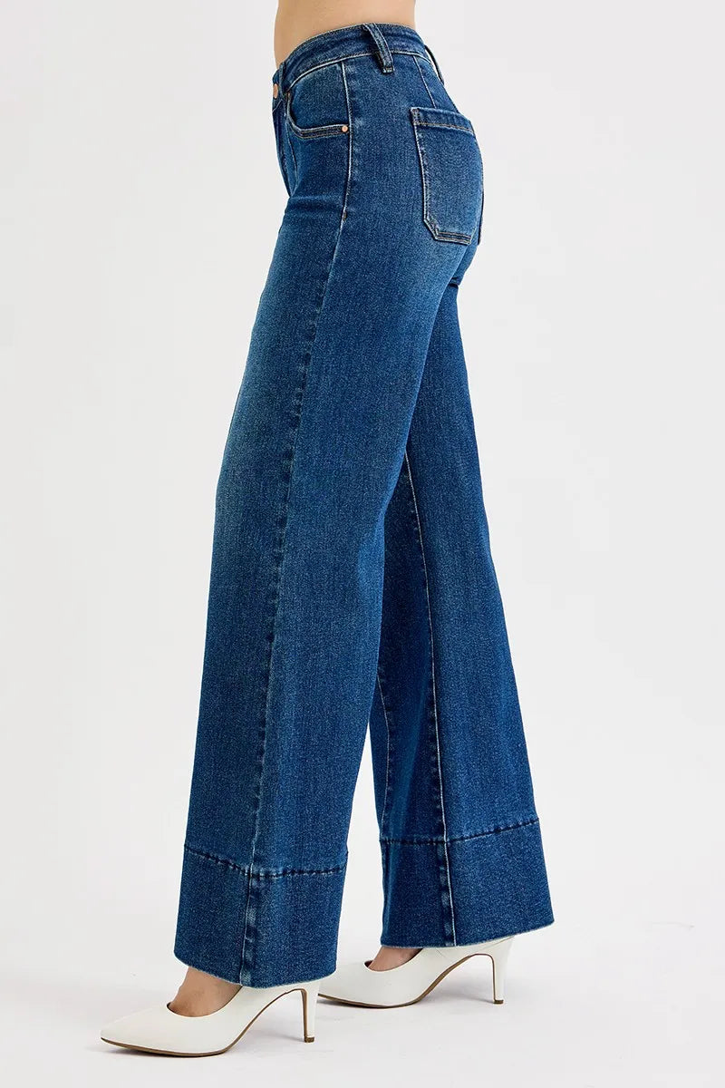 RISEN Dark Washed Tummy Control Mid Rise Seam Detail Wide Flare Jeans