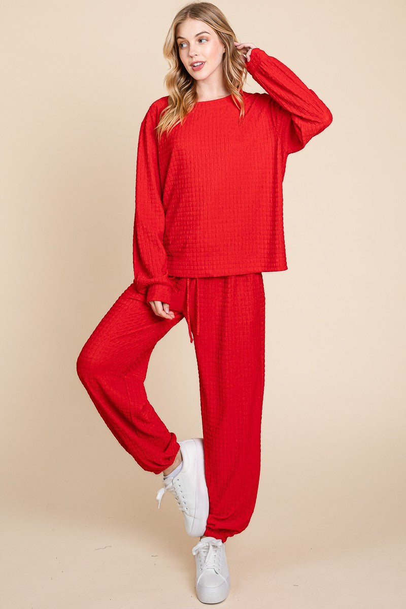 Super Lady Red Crinkle Check Textured Round Neck Top and Pants Lounge Set Trendsi