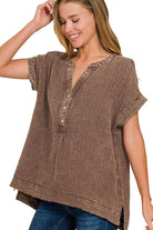 Zenana Brown Washed Double Gauze 3/4 Button Henley Neck Shirt
