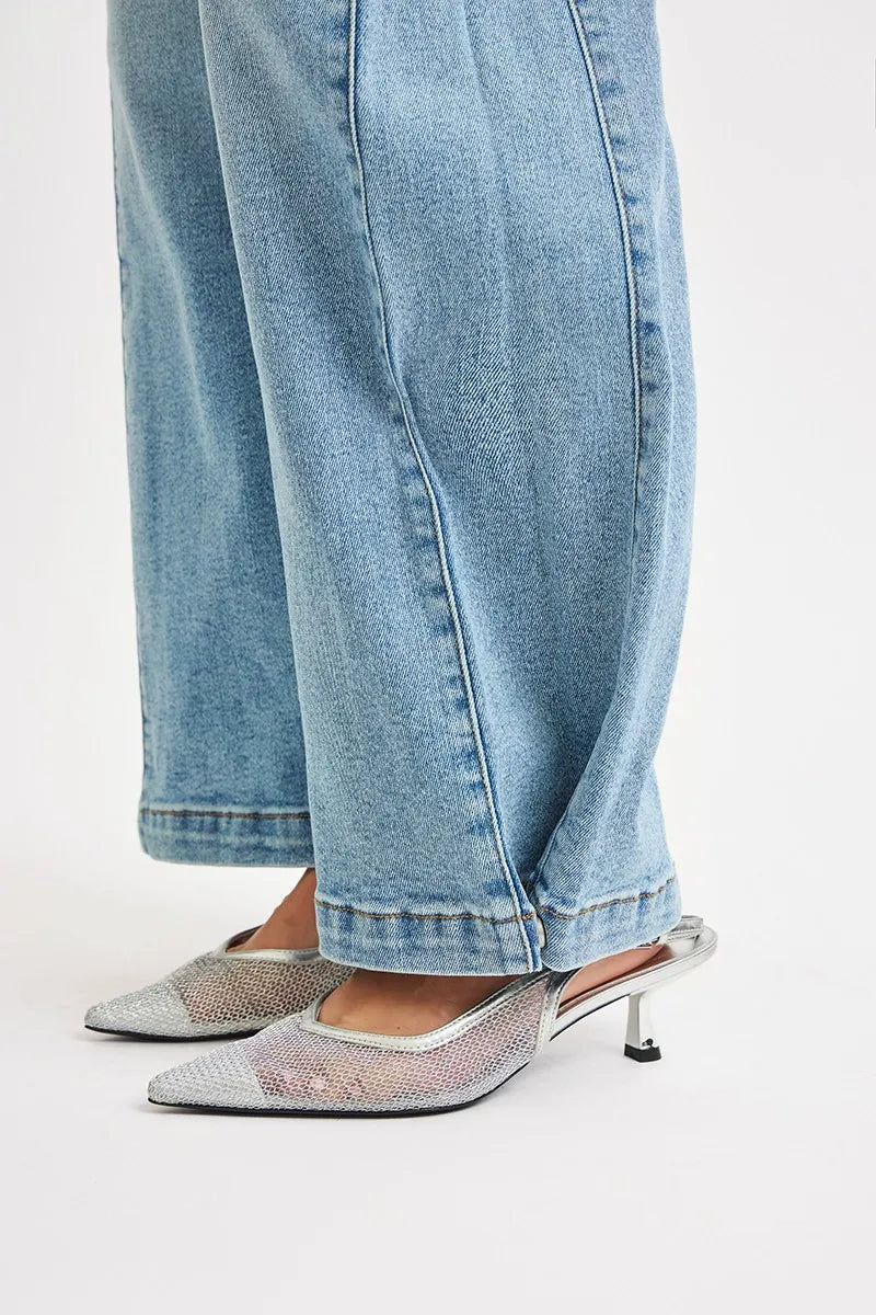 RISEN Medium Washed Mid Rise Wide Barrel Transferable Leg Snap Jeans