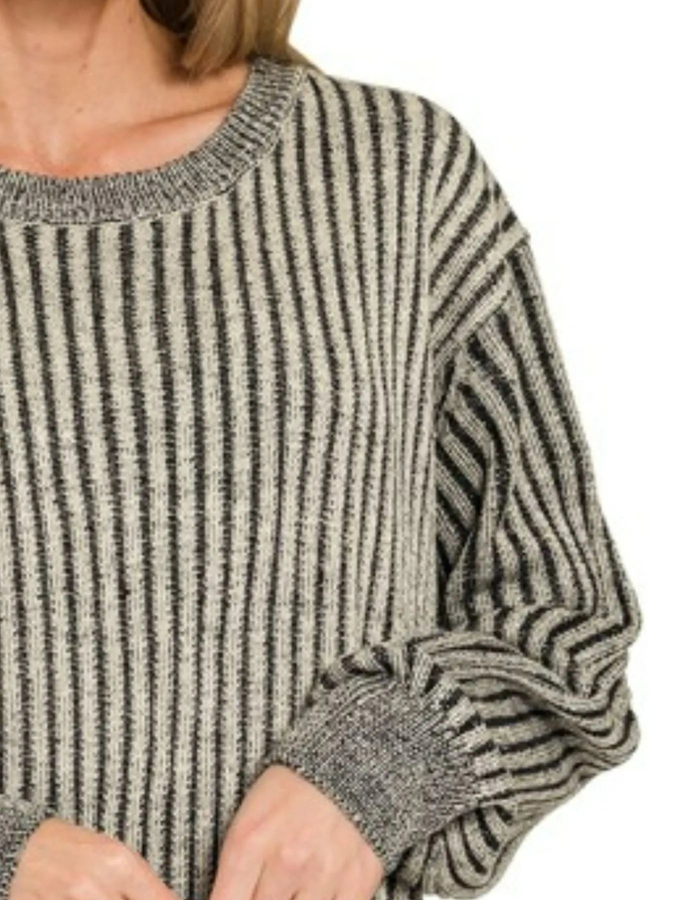 Zenana Black Curved Hem Two-Tone Ribbed Sweater