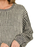 Zenana Black Curved Hem Two-Tone Ribbed Sweater
