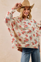 BiBi Oatmeal Floral Print Oversized Waffle Thermal Sweatshirt