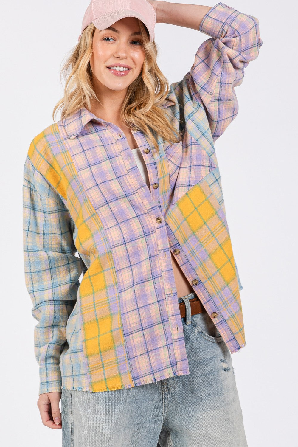 SAGE + FIG Lavender Button Up Raw Hem Plaid Flannel Shirt Trendsi