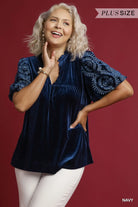 Umgee Navy Velvet Embroidered Sleeve Blouse
