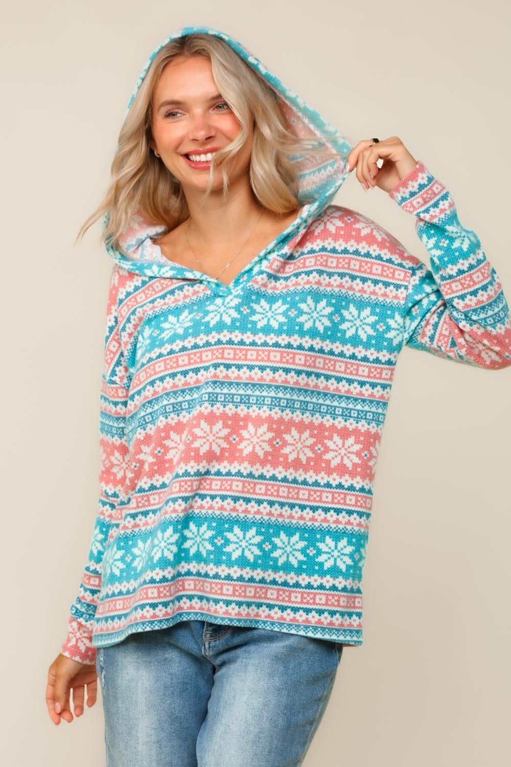 Haptics Teal/Red/White Snowflake Print Brushed Hacci Hoodie Pullover