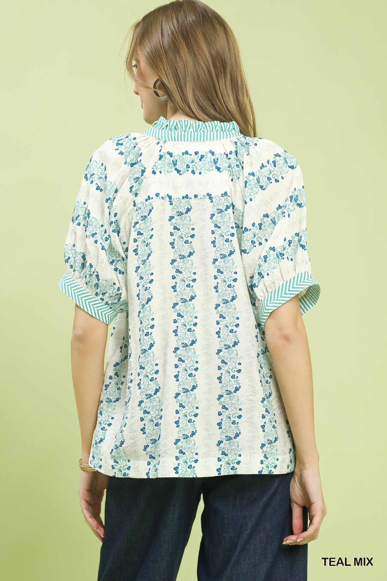 Umgee Teal Mix Print Boho Blouse with Contrast Trim