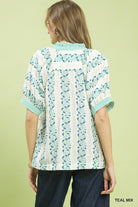 Umgee Teal Mix Print Boho Blouse with Contrast Trim