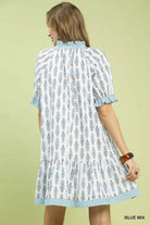 Umgee Blue Mix Striped Trim Floral Tiered Mini Dress