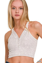 Zenana Bone Washed Ribbed Seamless Button V-neck Tank Top BONE