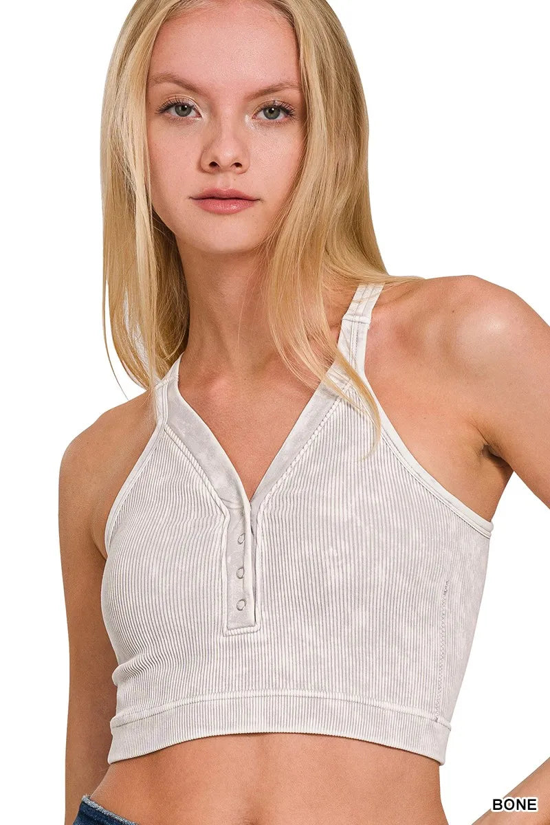 Zenana Bone Washed Ribbed Seamless Button V-neck Tank Top BONE