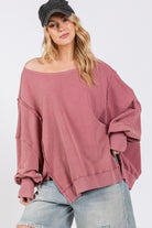 SAGE + FIG Mulberry Mineral Washed Side Slit Oversized Sweatshirt Mulberry Trendsi