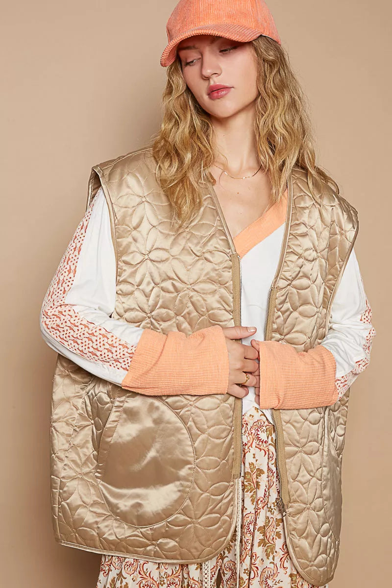 POL Mocha Front Zipper Floral Pattern Quilted Vest Coat with Front Pockets Mocha
