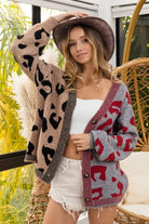 BiBi Taupe & Gray Leopard Color Block Button Down Sweater Cardigan