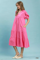 Umgee Pink Solid Tiered Midi Dress