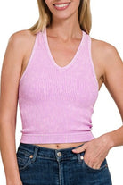 Zenana Bright Lavender Washed Ribbed Seamless Bra Padded V-neck Tank Top