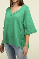 Zenana Brushed Waffle Exposed-Seam 3/4 Sleeve Top K GREEN Shirts & Tops