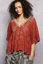 POL Ginger V-Neck Crochet Top with Scalloped Hem