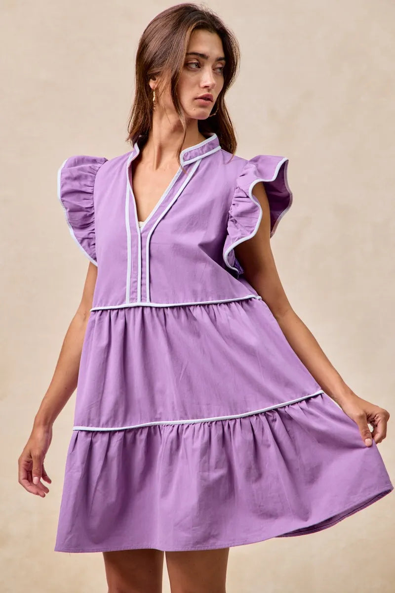 BiBi Purple Game Day Theme Contrast Binding Ruffled Dress