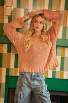 BiBi Dusty Peach Chunky Knit Sweater with Flower Detail Sleeves