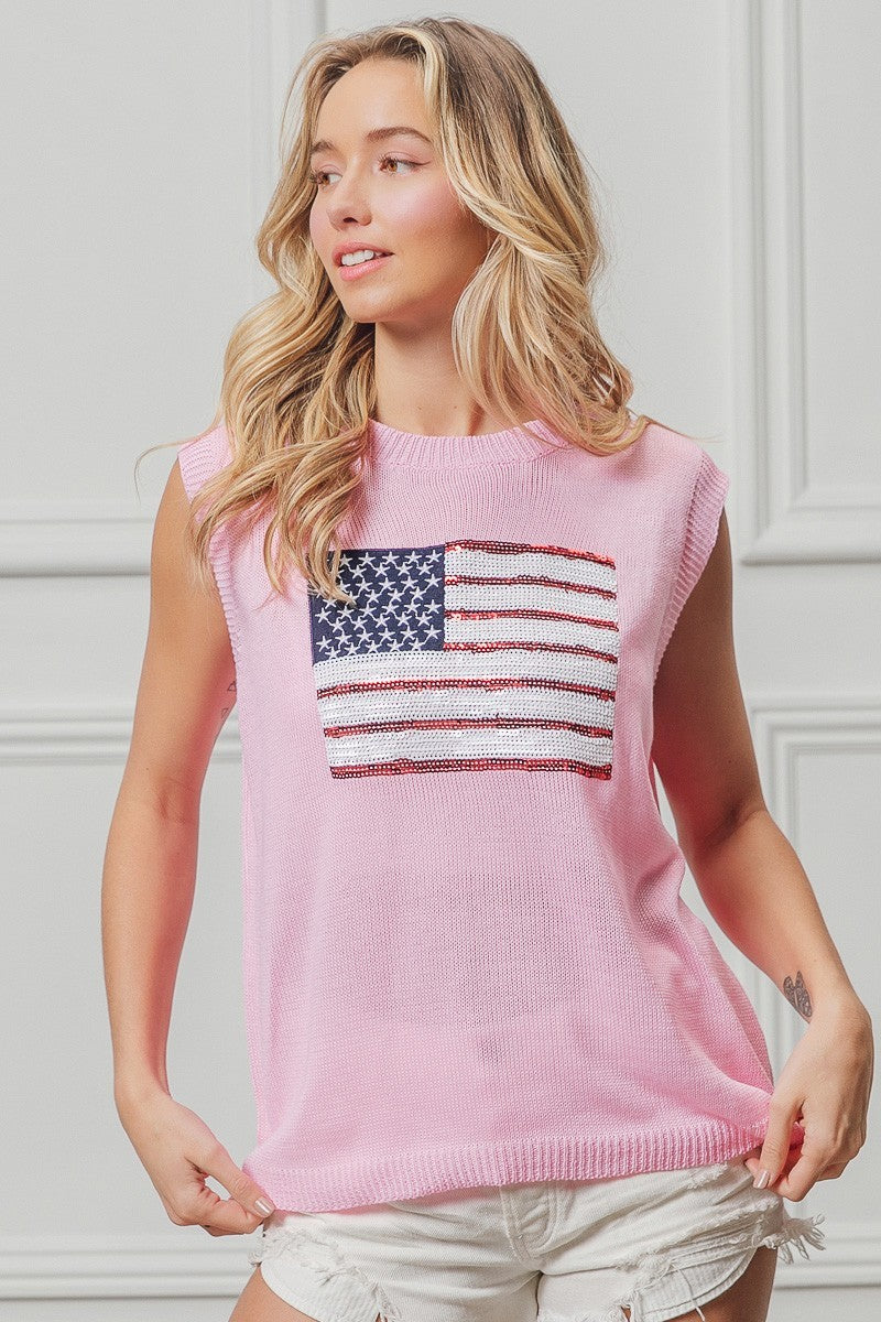 BiBi Pink American Flag Sequins Patch Knit Top